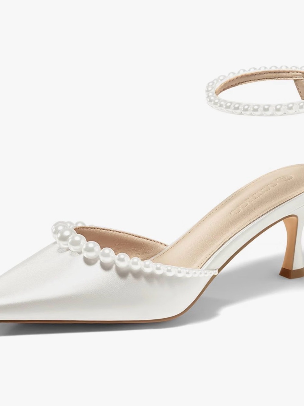 Pearl-Trim White Satin Pointed Mule - Women